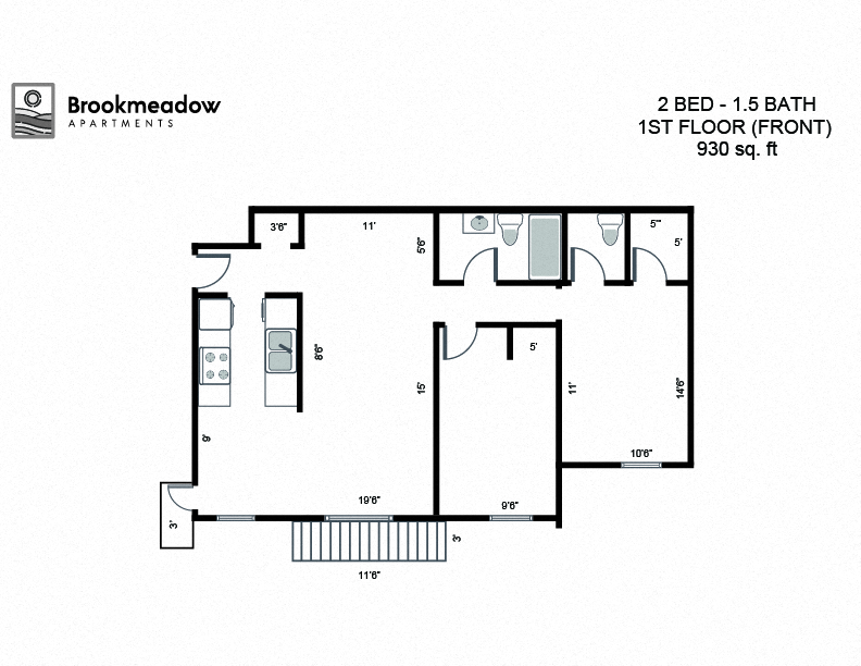 Floor plan for 2 beds, 1.5 baths, 930 sqft